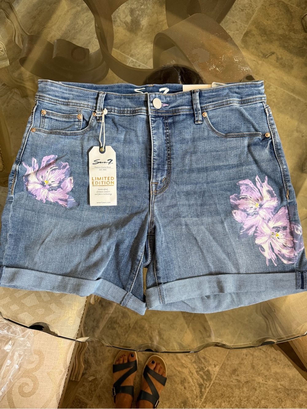 Seven7 Blue Denim Weekender Shorts with Lavender Floral Print NWT